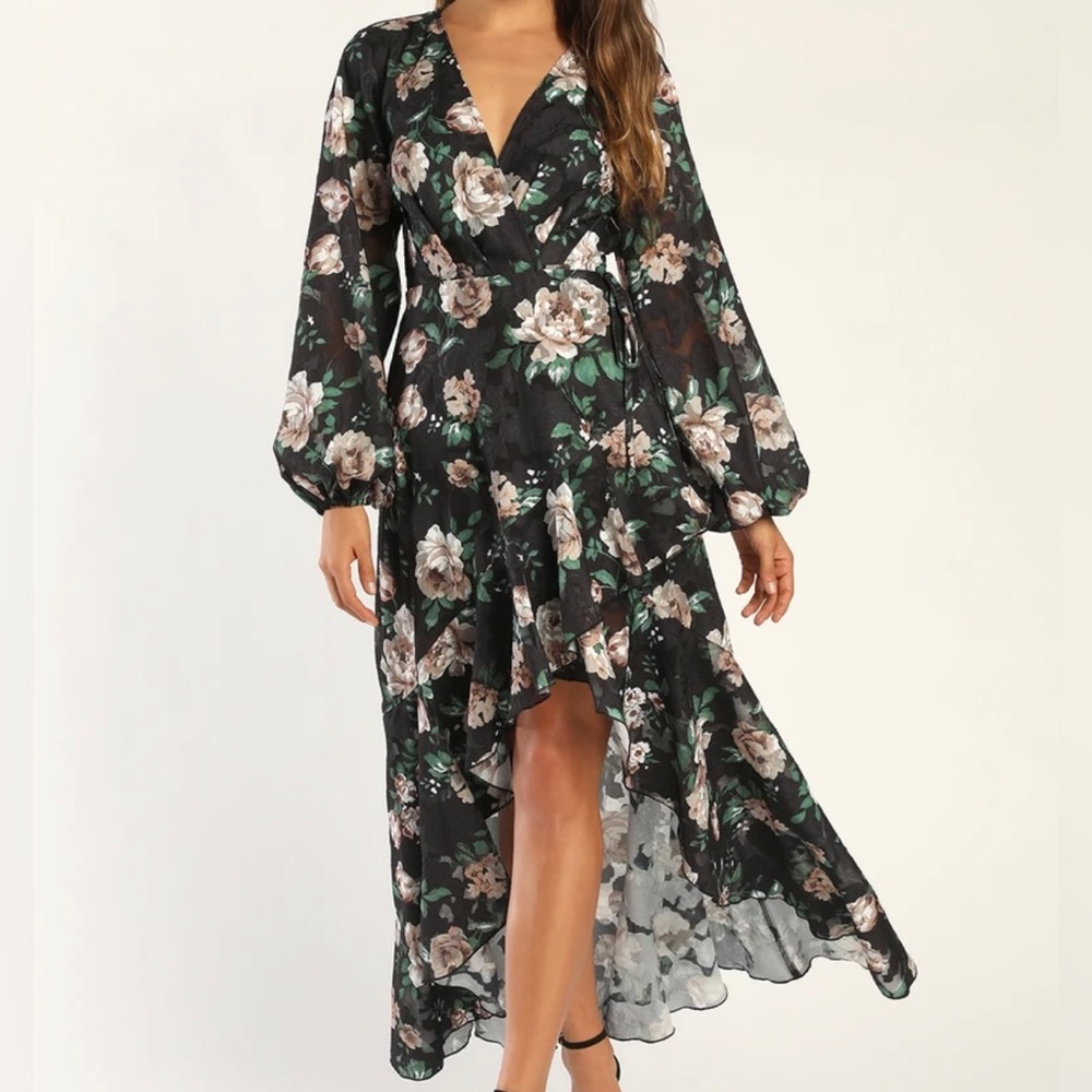 New. XL. Navy Blue Floral Print Ruffled Wrap Maxi Dress